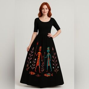 Elegant Black 3/4 Sleeve Dress with Vibrant Design